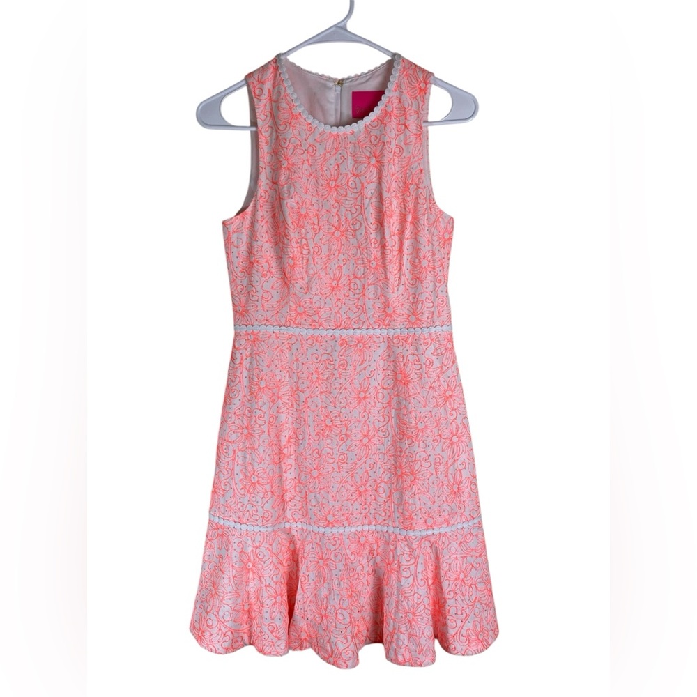 Lilly Pulitzer Dress Ellen Sz 0 Embroidered Tank Eyelet Flounce In Cantaloupe